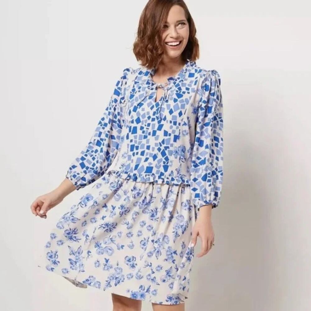 Tolani Collection Blue & White Geometric-Print Ruffle Trim Flowy Babydoll Dress - Picture 1 of 13
